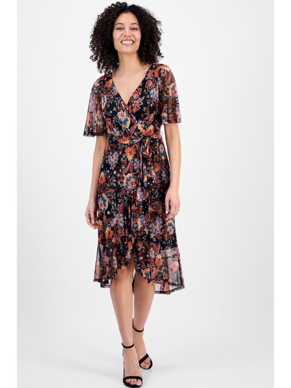 Floral Print Mesh Faux Wrap Dress With Belted Waist & Flutter Sleeves 24W Connec